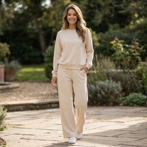 Zenana Cream Lounge Set | Soft Sweatshirt & Wide Leg Pants | Size Small NEW